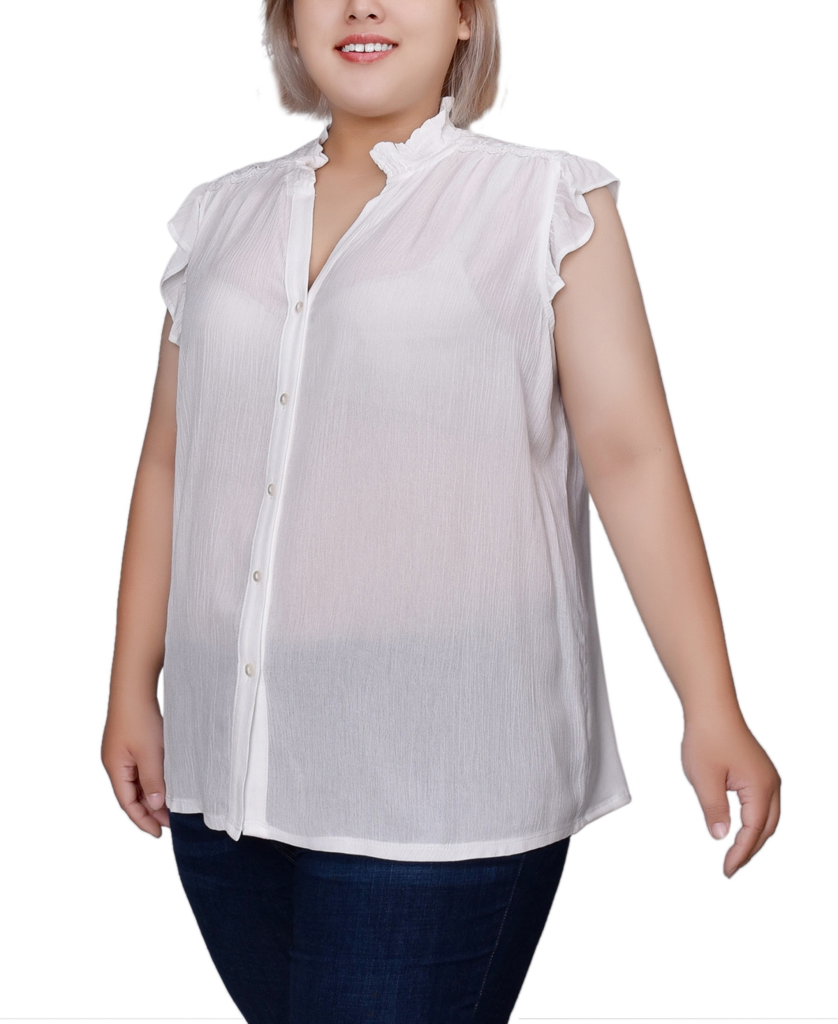 NY COLLECTION PLUS SIZE SHORT FLUTTER SLEEVE CREPON BLOUSE 