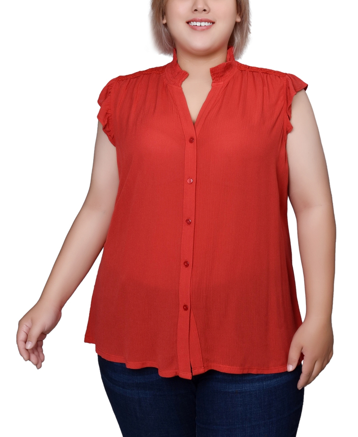 NY COLLECTION PLUS SIZE SHORT FLUTTER SLEEVE CREPON BLOUSE 