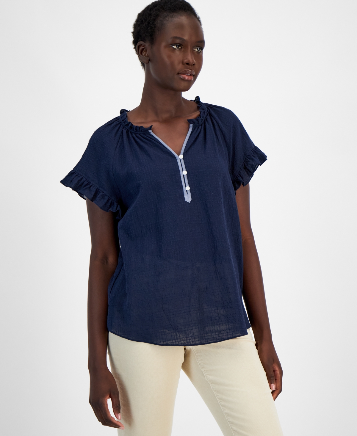 Tommy Hilfiger Women's Cotton Ruffled Raglan-sleeve Top In Sky Capt