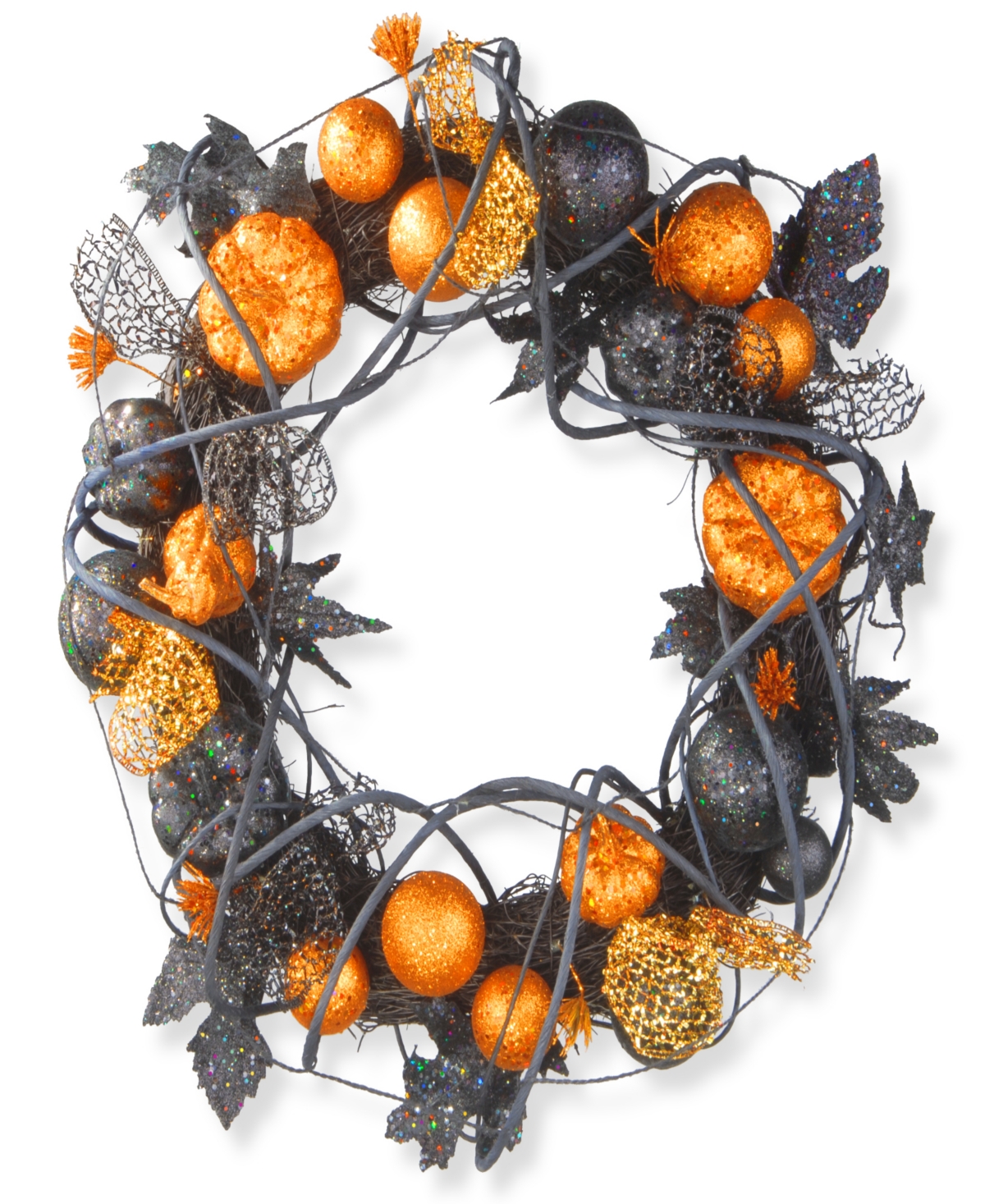 20" Artificial Halloween Wreath, Decorated with Multicolored Pumpkins, Gourds, Ball Ornaments, Ribbons, Vines, Assorted Leaves -