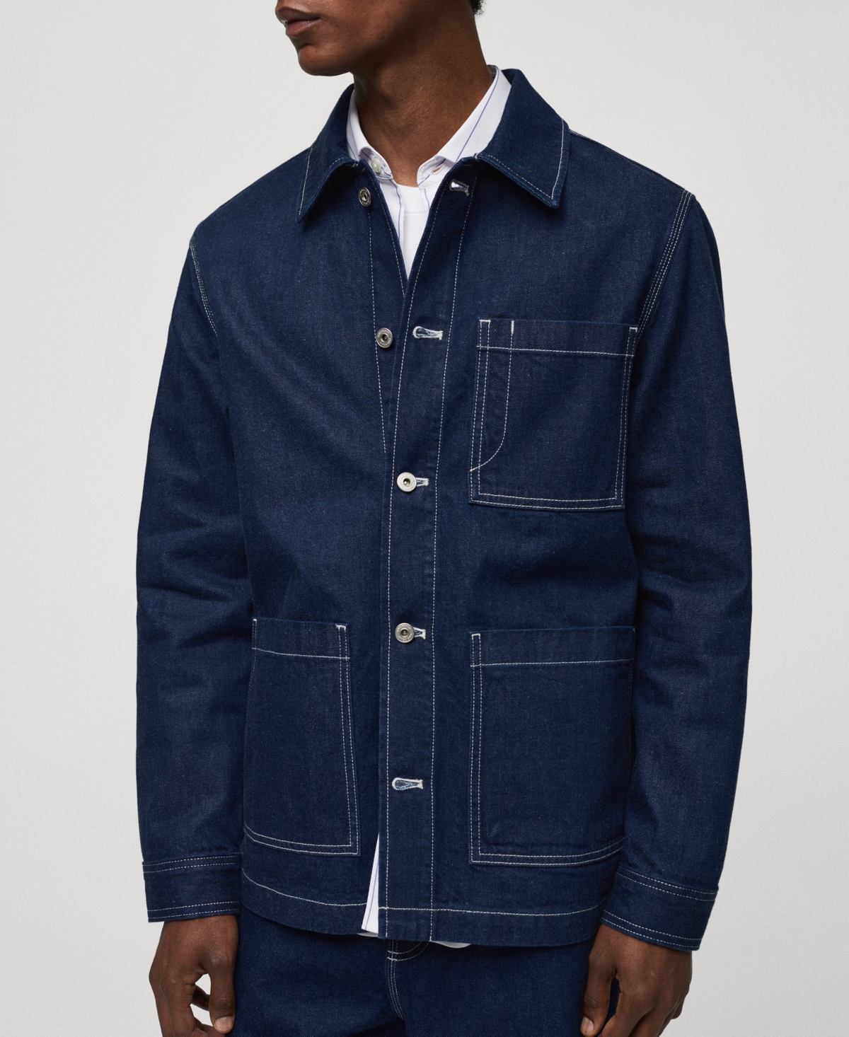 Shop Mango Men's Stitching Pockets Detail Denim Overshirt In Open Blue