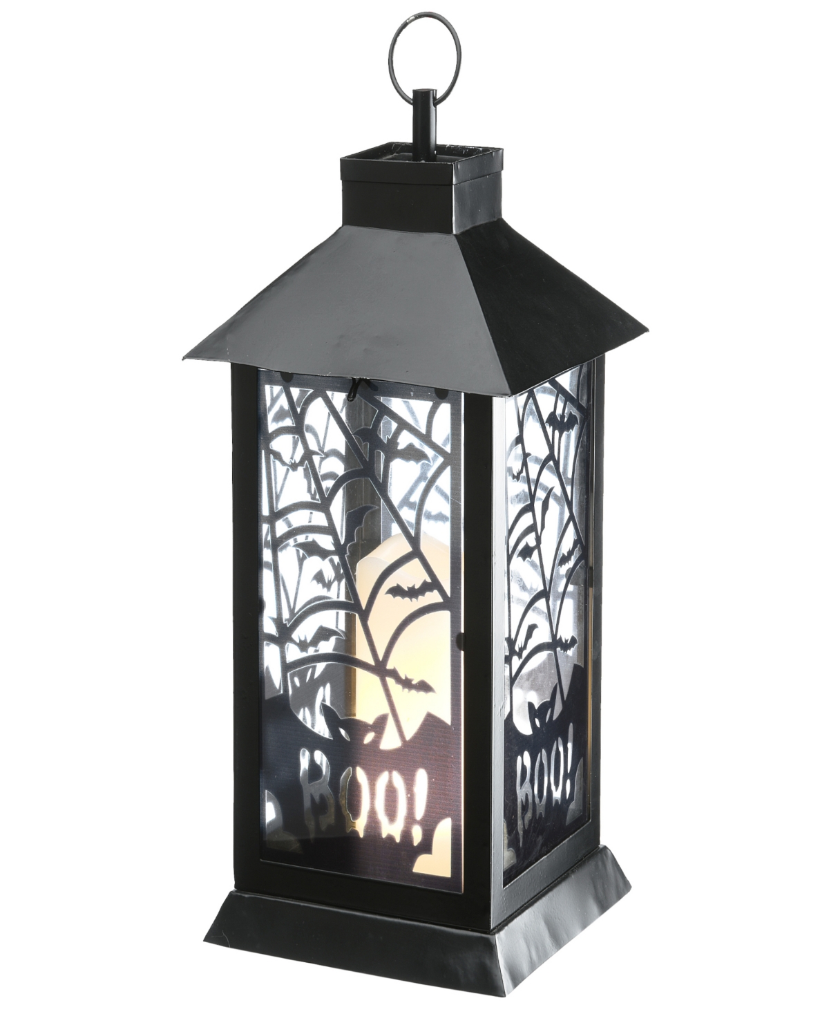 16" Halloween Lantern with Led Lights, Carved Images of Bats and Cobwebs, Halloween Collection - Black