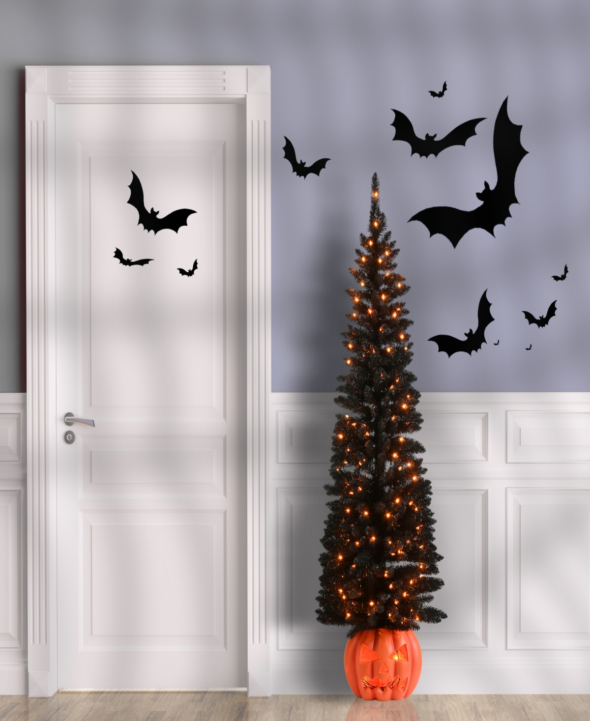 National Tree Company 6' Pre-lit Artificial Halloween Tree, Evergreen, Led Lights, Includes Pumpkin Base, Halloween Collec In Black