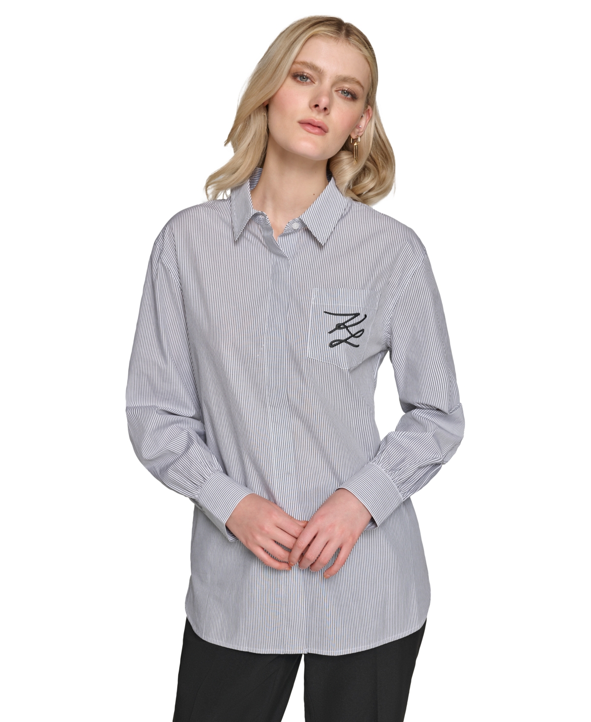 Karl Lagerfeld Women's Cotton Striped Monogram Shirt -black