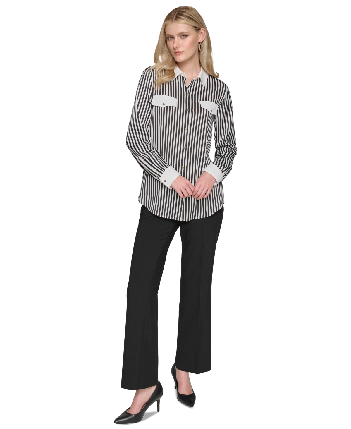 Karl Lagerfeld Women's Striped Long-Sleeve Blouse -sft Wt