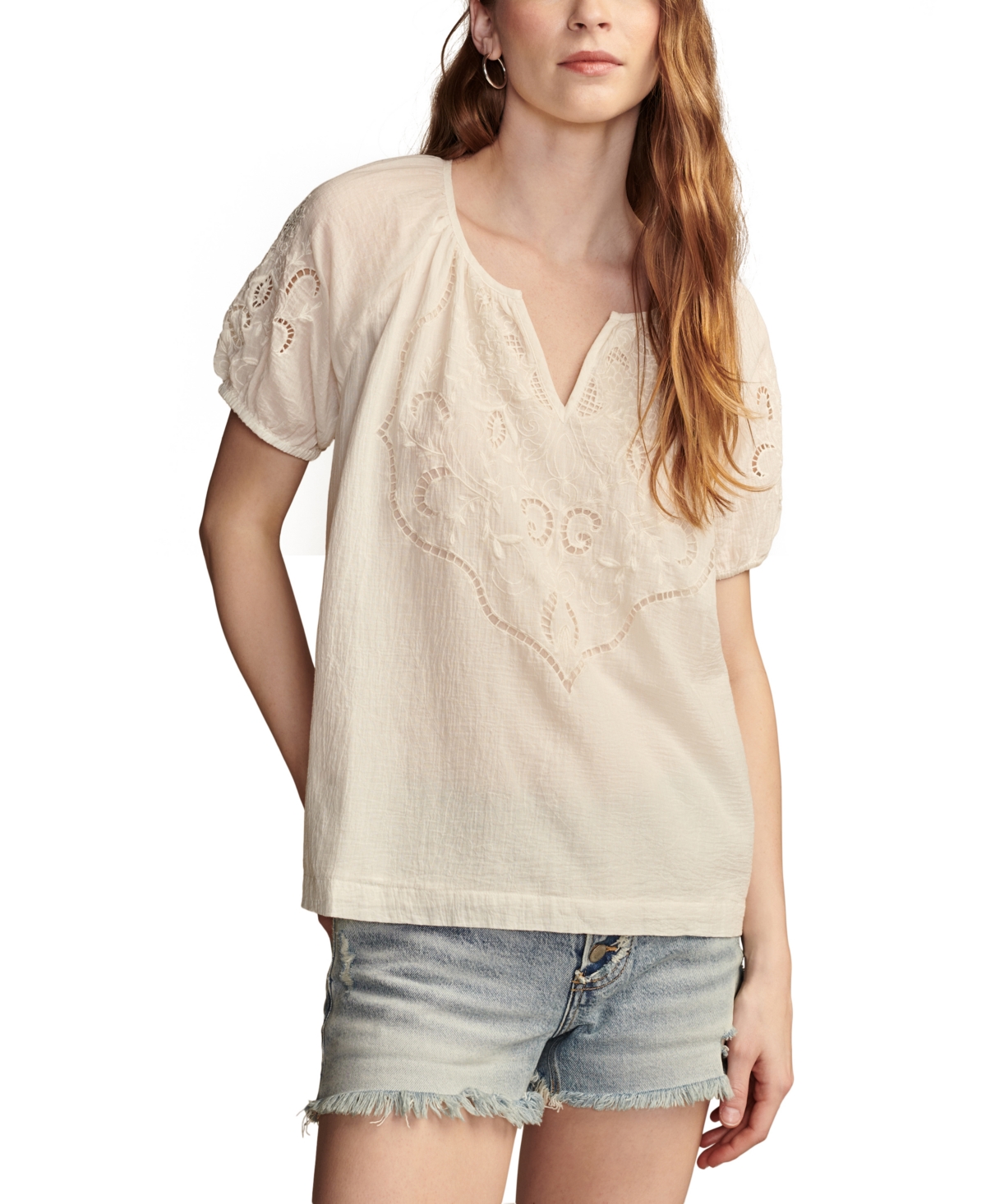 Lucky Brand Women's Short-sleeve Cutwork Cotton Peasant Top In Bright White