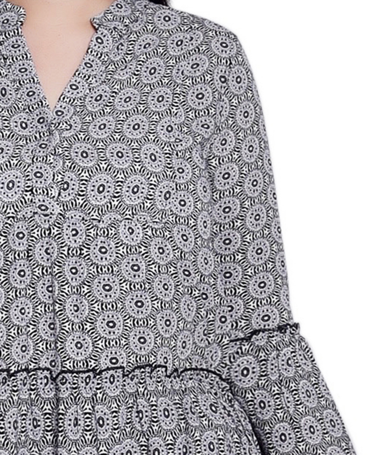 Ny Collection Plus Size 3/4 Sleeve Tiered Dress In Black White Geo