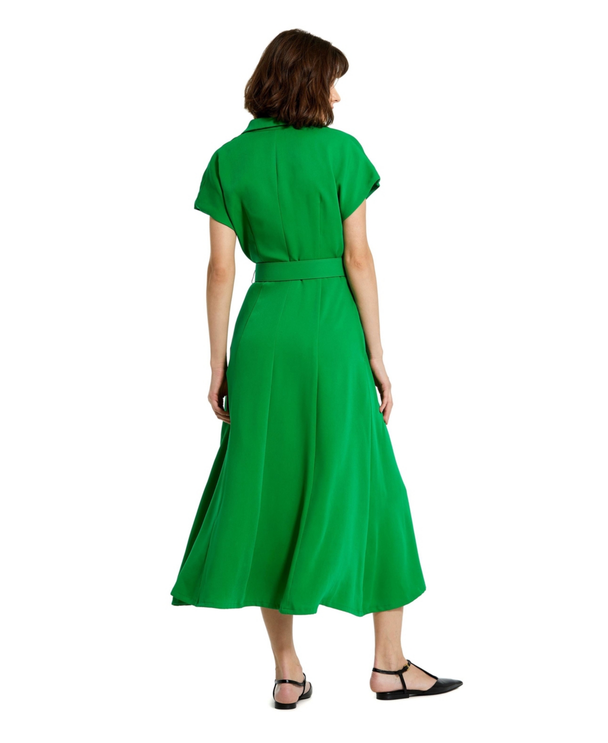 Mac Duggal Women's Crepe Collared Short Sleeve Belt Detail Midi Dress