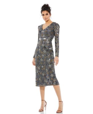 Mac Duggal Women's Long Sleeve Geometric Sequin Midi Dress - Macy's