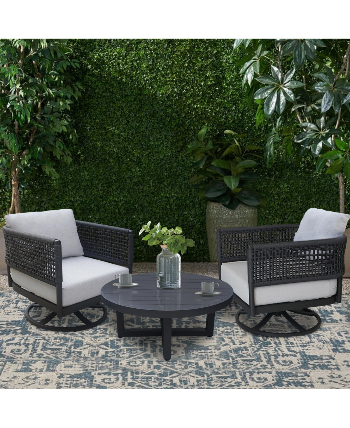 INTERNATIONAL CONCEPTS OUTDOOR 3 PIECE WOVEN ABACA ROPE PATIO FURNITURE SET INCLUDING THE SOFA, COFFEE TABLE, AND SWIVEL RO 