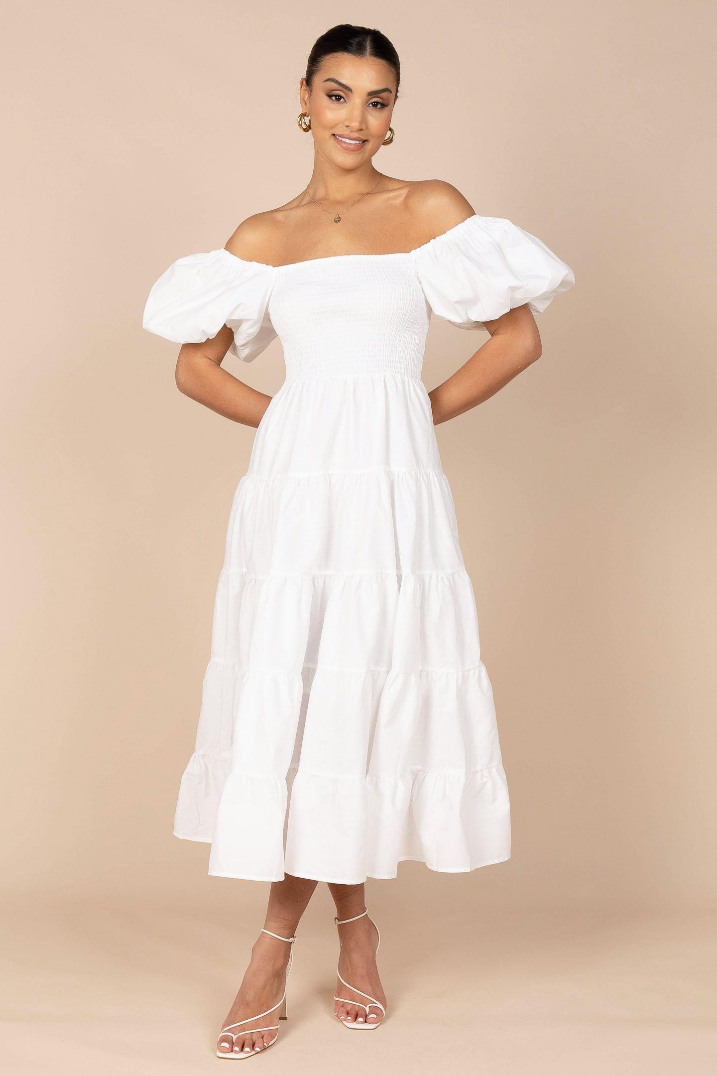 Женское платье Petal and Pup Annette Puff Sleeve Shirred Midi, цвет: Белый — фото 16