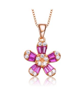 Sterling Silver with Gold Plated Multi Color Baguette Cubic Zirconia Flower Style Pendant Necklace