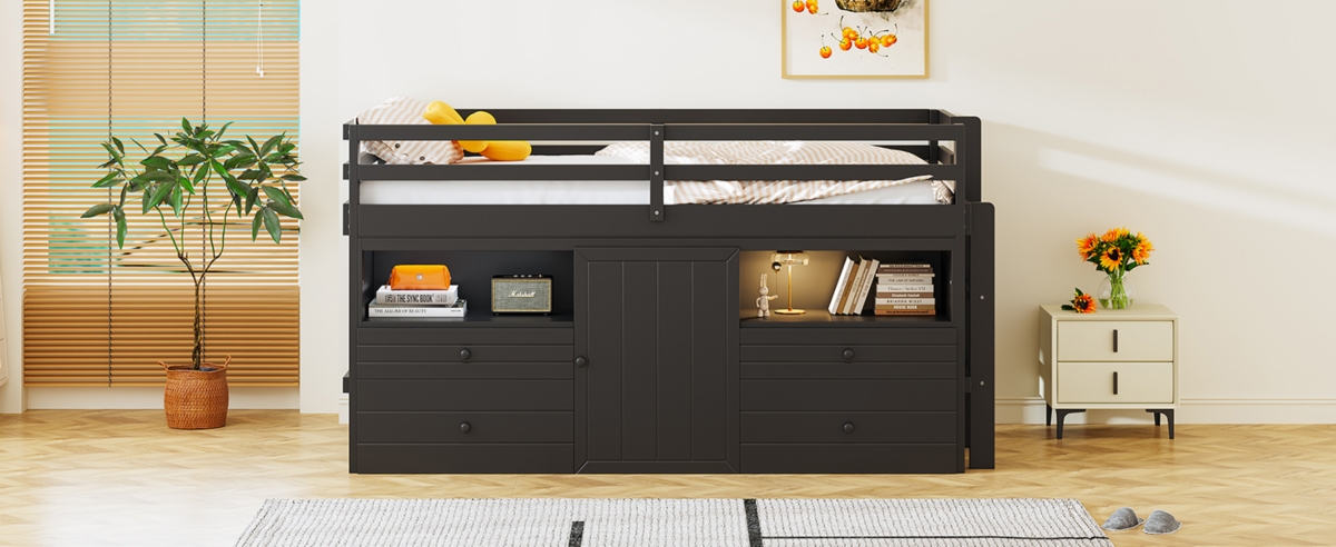 Simplie Fun Twin Loft Bed With 4 Drawers, Underneath Cabinet And Shelves, Espresso