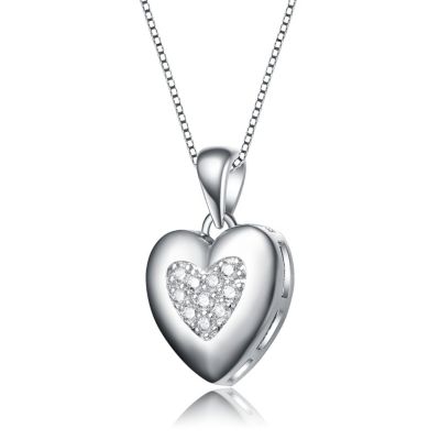 White Gold Plated with Cubic Zirconia French Pave Heart Pendant Necklace