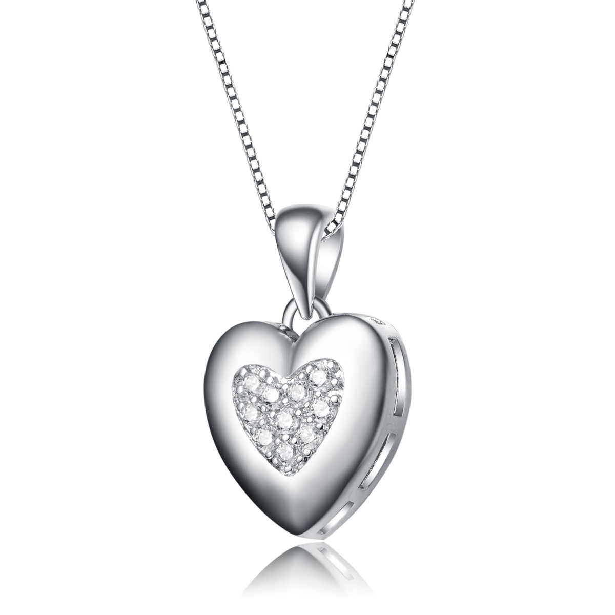 Rachel Glauber White Gold Plated with Cubic Zirconia French Pave Heart Pendant Necklace