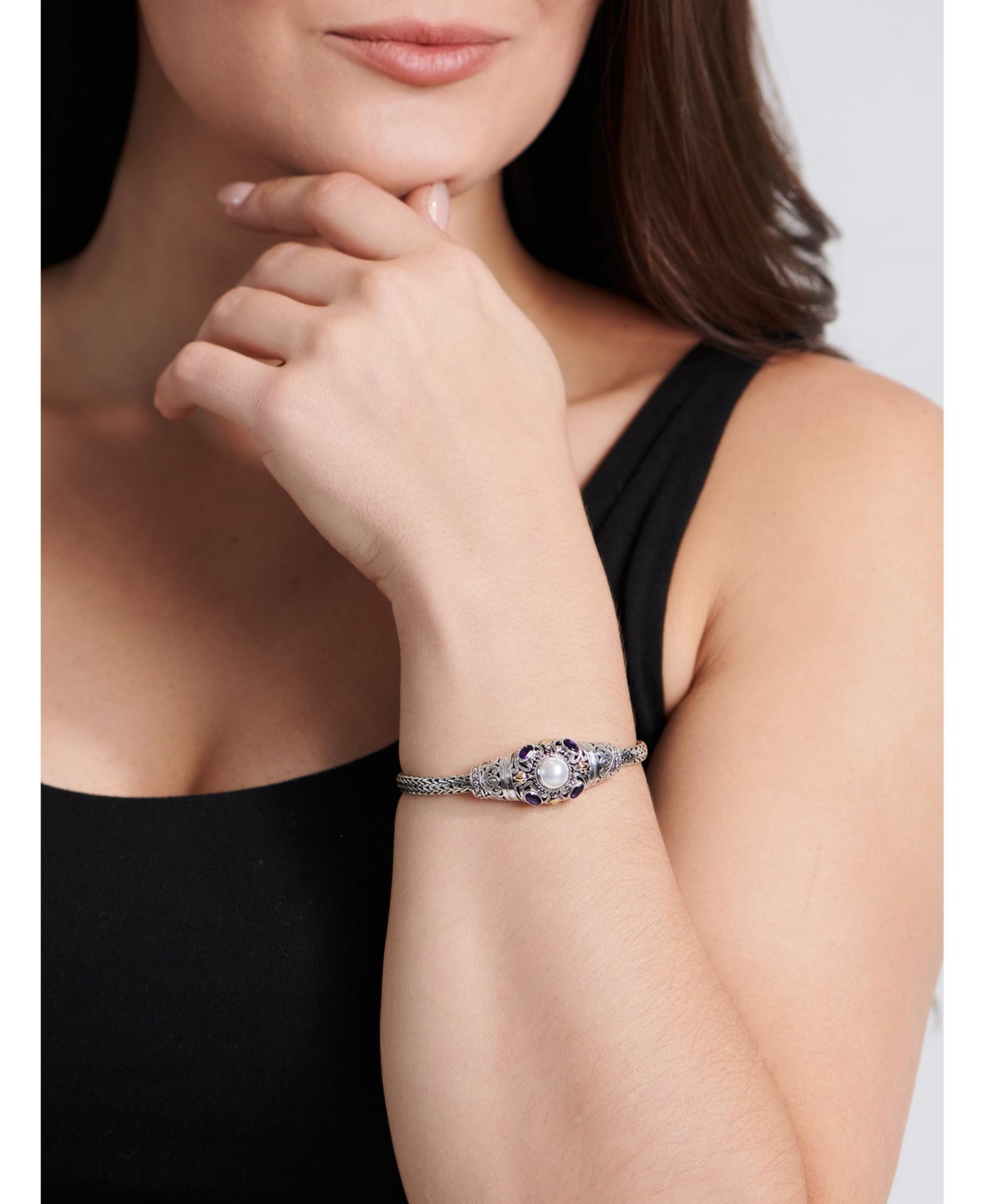 Devata Amethyst, Freshwater Cultured Pearl & Bali Filigree with Dragon Bone Oval 5mm Chain Bracelet in Sterlingand 18K Gold - Silver
