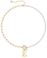 Rachel Glauber 14K Gold Plated Initial Imitation Pearl Link Chain Necklace - Gold