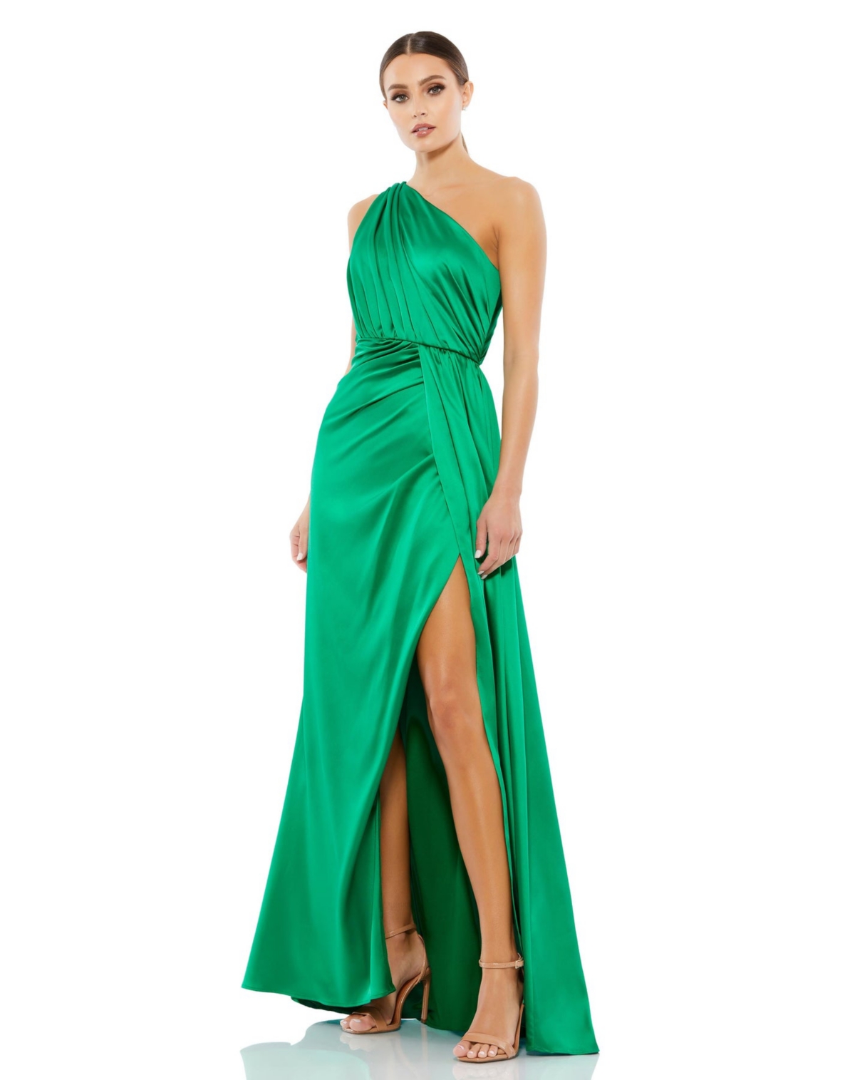 Mac Duggal Women's Ieena Gathered One Shoulder Satin Faux Wrap Gown