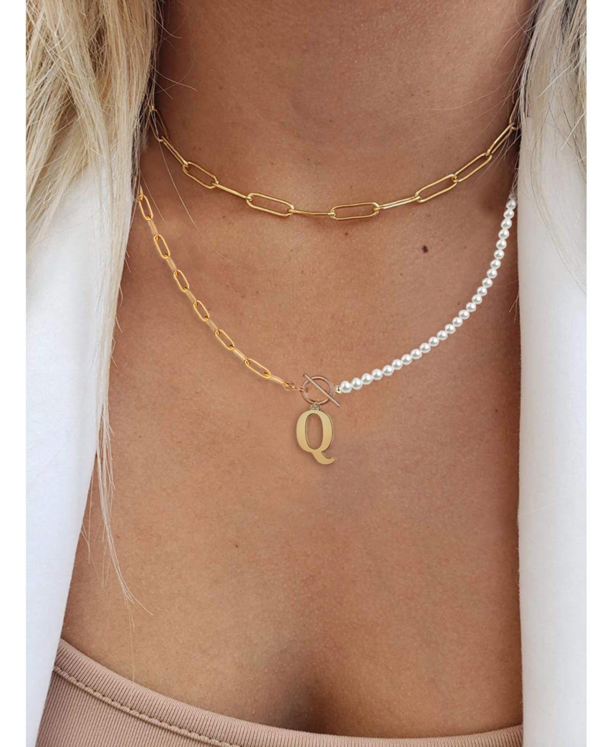 Rachel Glauber 14K Gold Plated Initial Imitation Pearl Link Chain Necklace - Gold 718