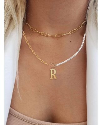 14K Gold Plated Toggle Clasp Initial Imitation Pearl Link Chain Necklace