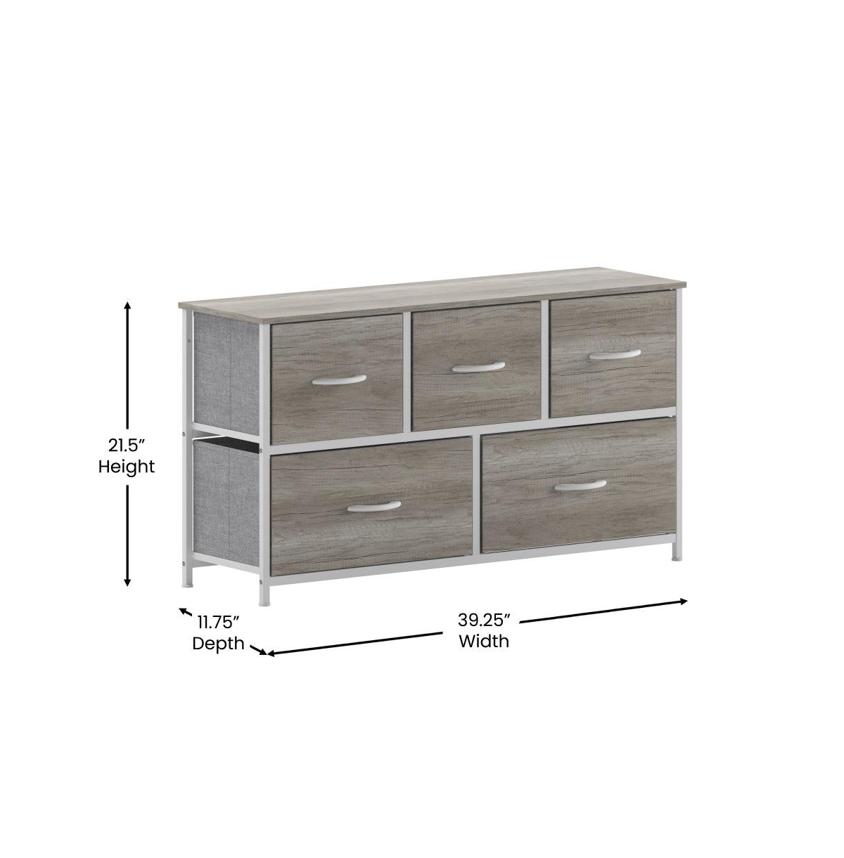 Emma+Oliver Marley 5 Drawer Storage Dresser With Cast Iron Frame, Wood Top, And Easy Pull Fabric Drawers With Wooden Handles -w
