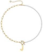 Rachel Glauber 14K Gold Plated Initial Imitation Pearl Link Chain Necklace - Gold 714