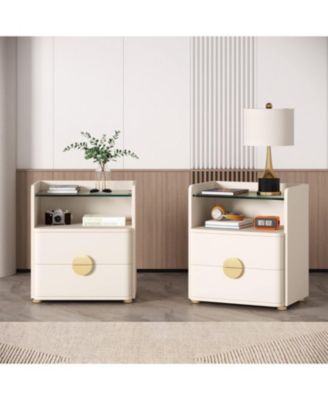 modern 2-drawer nightstands with open storage & gold metal legs, wood & tempered glass, bedside table