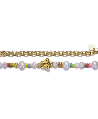 14k Yellow Gold Plated Multi Color Beads Necklace with Freshwater Pearls and a Butterfly Charm for Kids