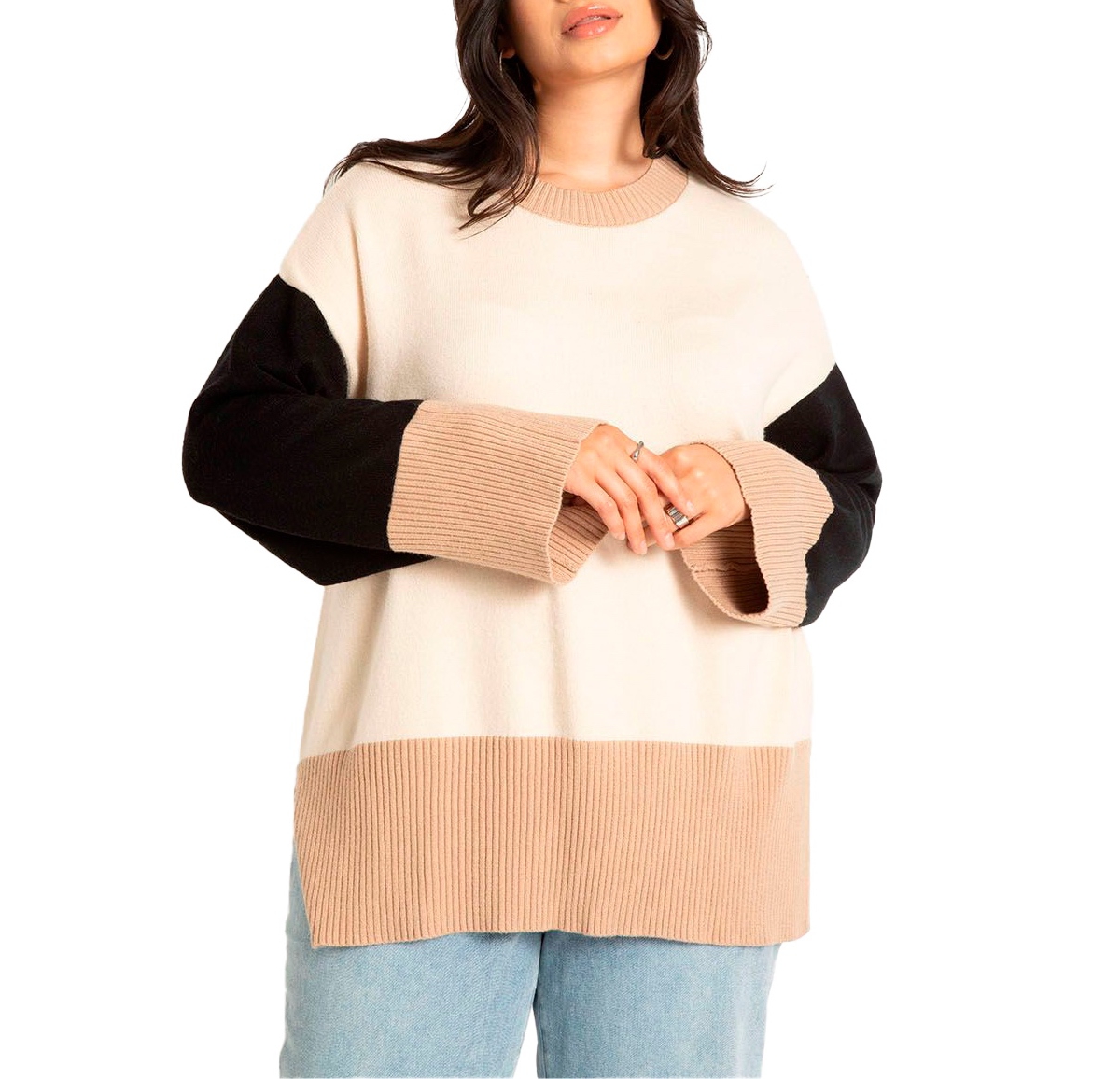 Plus Size Colorblocked Relaxed Sweater - Downtown brown