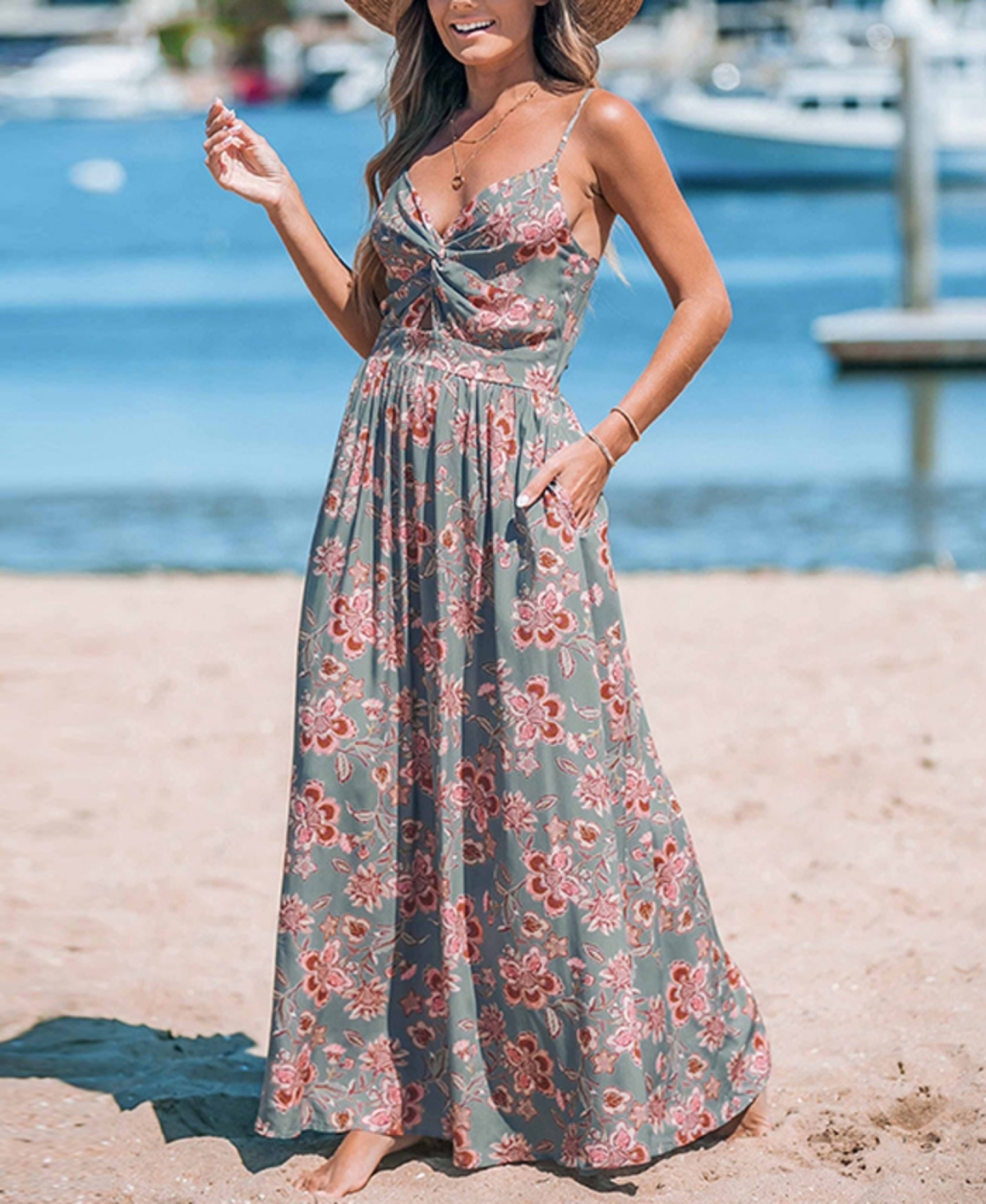 Cupshe Women's Pink Floral Sweetheart Twist & Keyhole Maxi Beach Dress