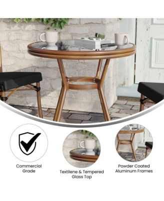 Mael Bistro Style Table With Tempered Glass Top, Textilene, And Bamboo Finished Metal Frame For Indoor/Outdoor Use