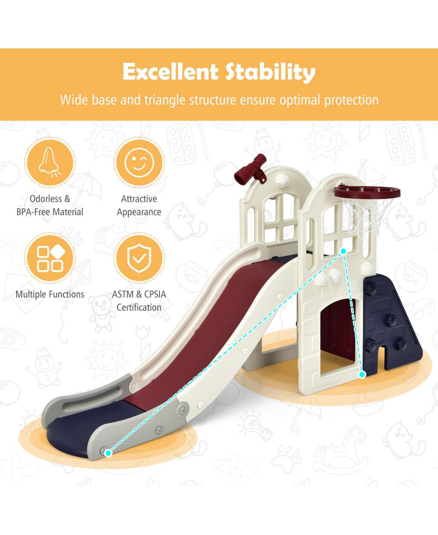 Детский игровой набор INOLAIT 6-in-1 Toddler Climber Slide Playset with Basketball Hoop — фото 11