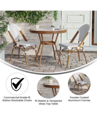 Celia Bistro Style Table With Glass Top, Pe Rattan, 2 Stack Chairs, And Bamboo Finished Metal Frame For Indoor/Outdoor Use