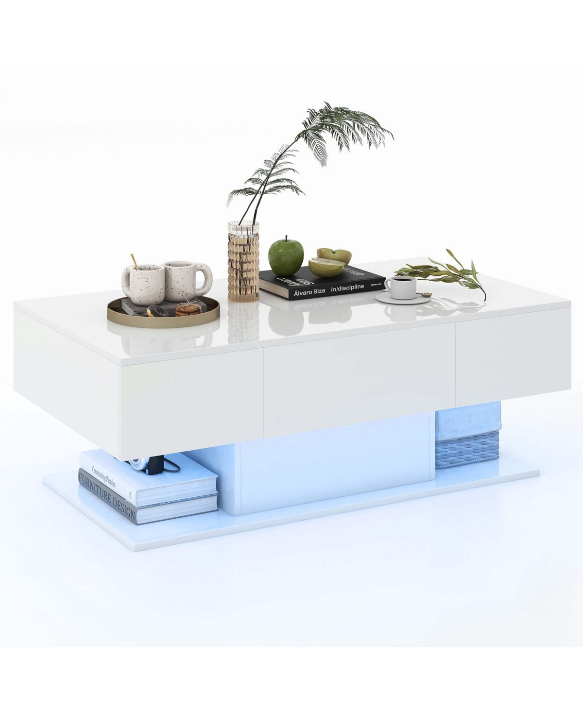 Costway Led Coffee Table with 2 Drawers 20-Color Dimmable Led Lights & Remote Control