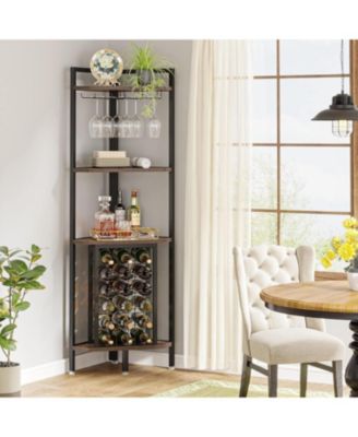 Corner Wine Rack with Glass Holder and Storage Shelves, 4 Tier Corner Bar Corner Wine Cabinet, Industrial Corner Wine Shelf for Living Room, Small Space (Brown)
