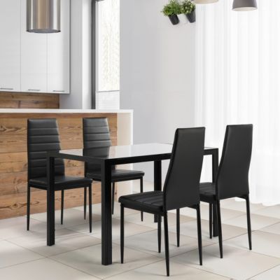  5-Piece Dining Set Glass Table, 4 Leather Chairs