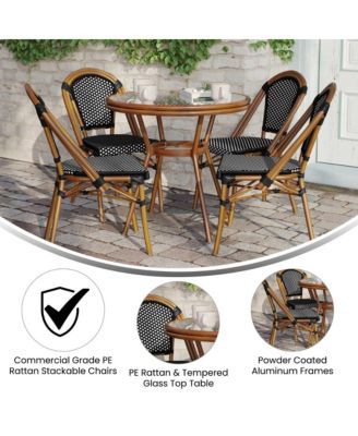 Sacha Bistro Style Table With Glass Top, Pe Rattan, 4 Stack Chairs, And Bamboo Finished Metal Frame For Indoor/Outdoor Use