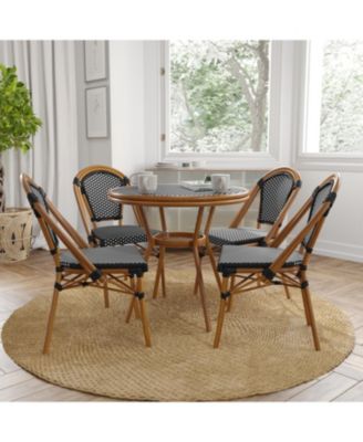 Sacha Bistro Style Table With Glass Top, Pe Rattan, 4 Stack Chairs, And Bamboo Finished Metal Frame For Indoor/Outdoor Use