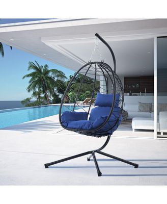 Wicker Hanging Egg Basket Hammock Chair With Stand and Removable Cushions, Red