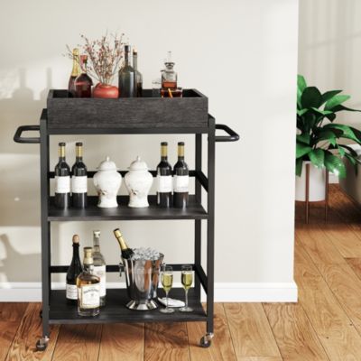 3-Tier Rolling Bar Cart with Removable Serving Tray, Metal Frame, and Lockable Wheels for Kitchen, Dining, or Living Room