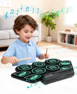 Kids Roll-Up Electronic Drum Set with Speakers, Headphone Jack & Foot Pedals - Green
