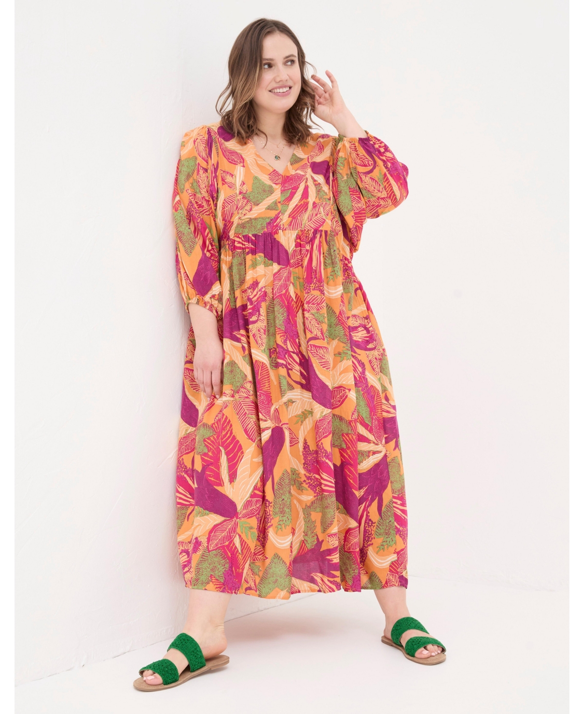 Plus Size Jocelyn Tropical Floral Midi Dress - Light orange