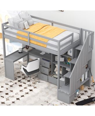 Streamdale Twin Loft Bed with Desk, Storage, and Staircase in White