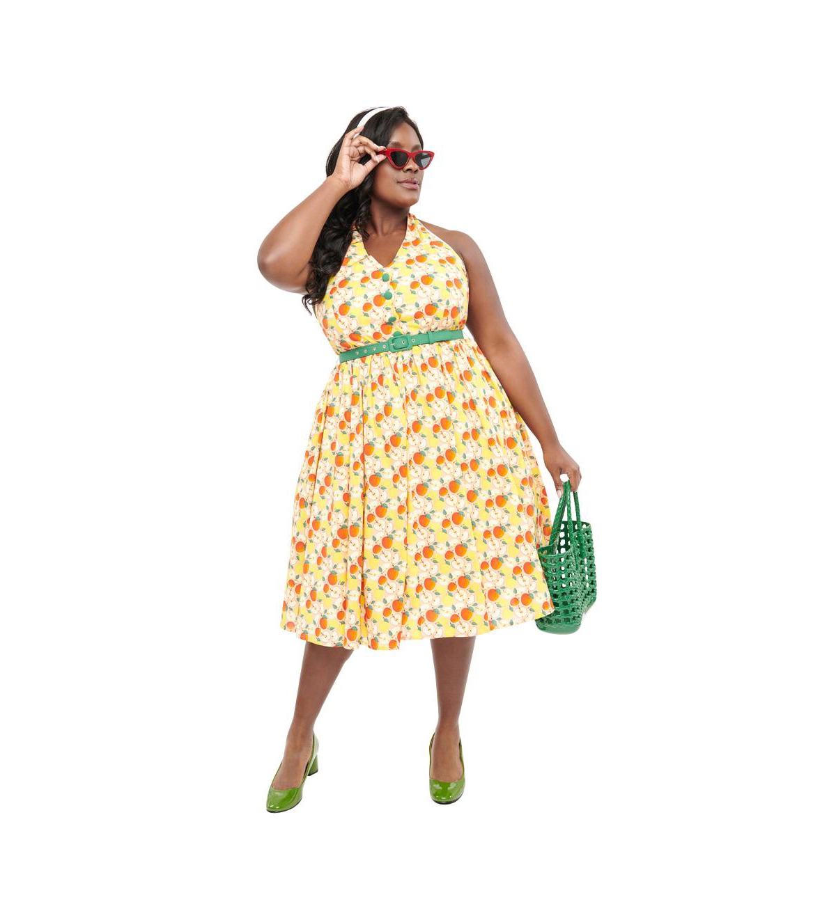Unique Vintage Plus Size Belted Scallop Front Halter Swing Dress - Yellow  red apple print