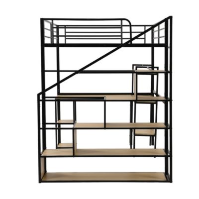 Full Size Metal Loft Bed With Staircase, Built-In Desk And Shelves