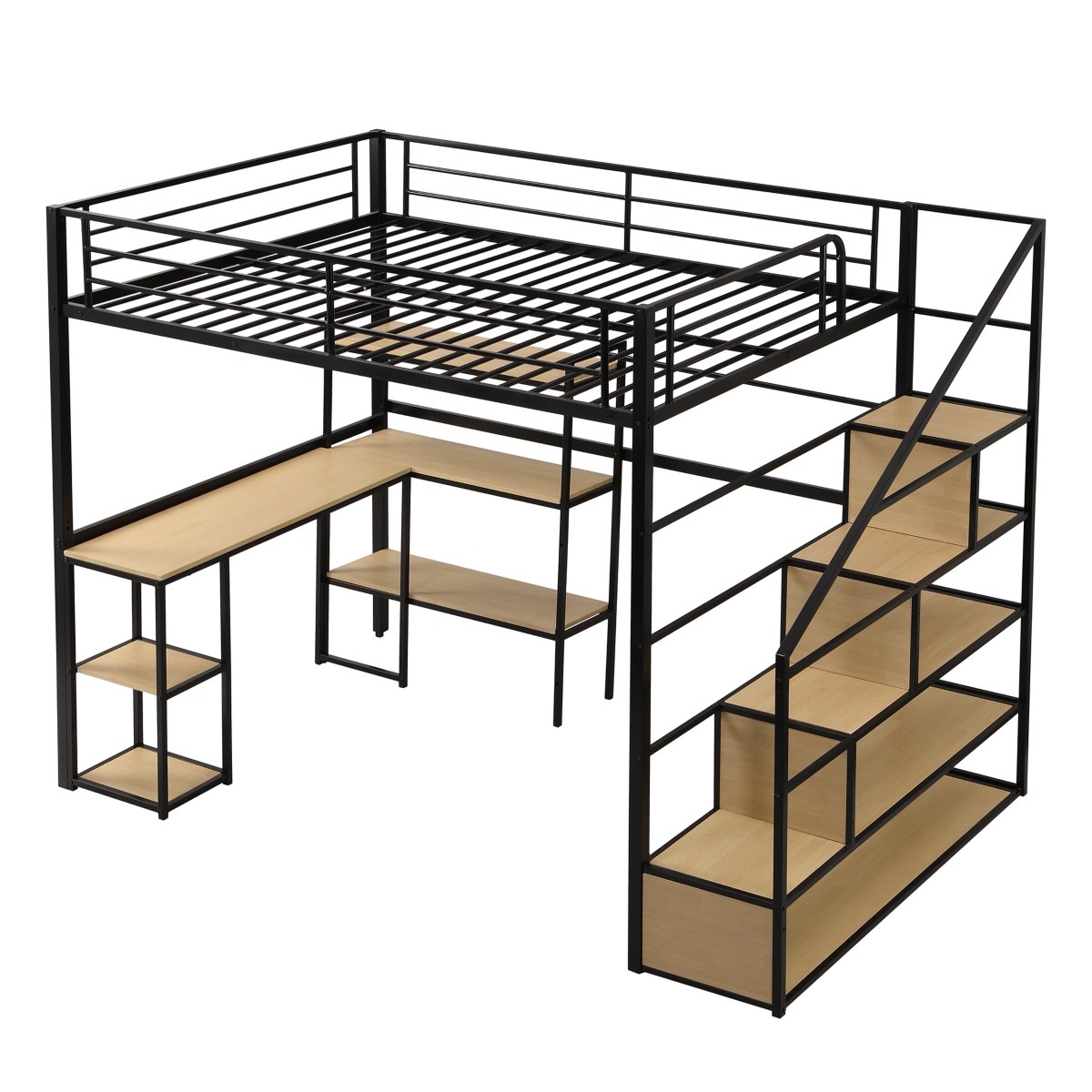 Full Size Metal Loft Bed With Staircase, Built-In Desk And Shelves