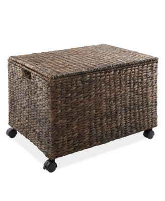 Rolling Storage Basket Cart with Lid and Wheels, Natural - Woven Water Hyacinth Divided Sorting Bin for Kitchen, Pantry, Laundry, Garage