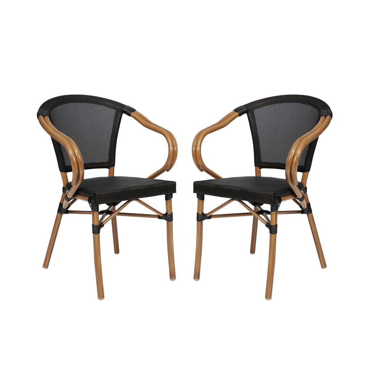 Merrick Lane Mael Set Of Two Stacking Thonet Bistro Style Chair With Arms, Textilene Seat, And Bamboo Finished Metal Frame For Indoor/Outdoor Use - Bl