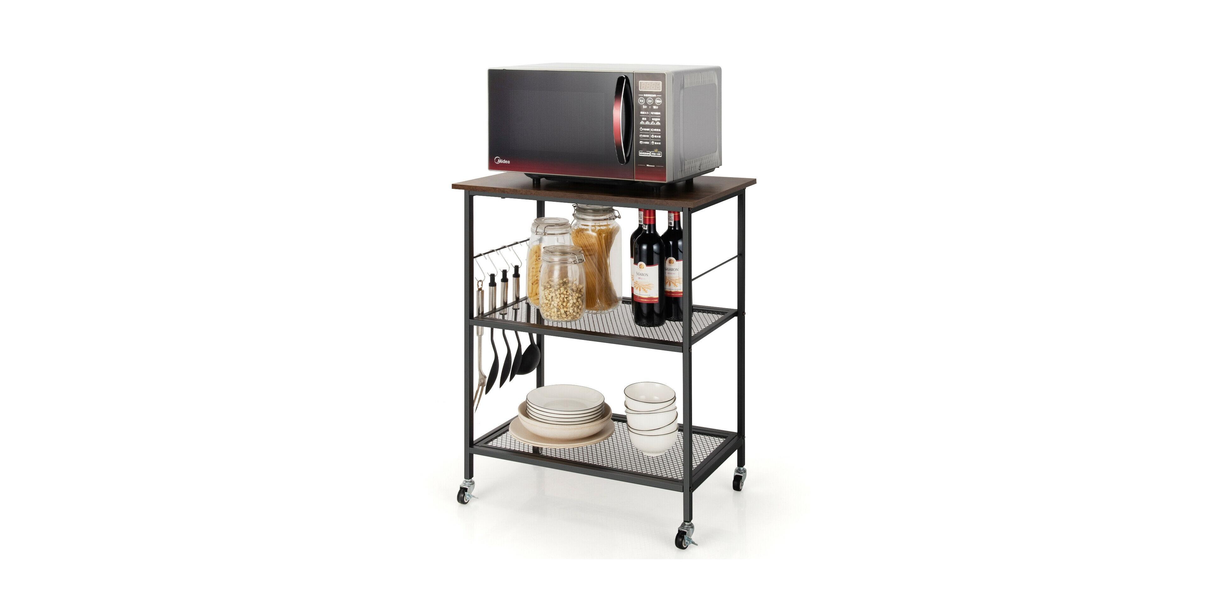 Sugift 3-Tier Kitchen Serving Cart Utility Standing Microwave Rack with Hooks