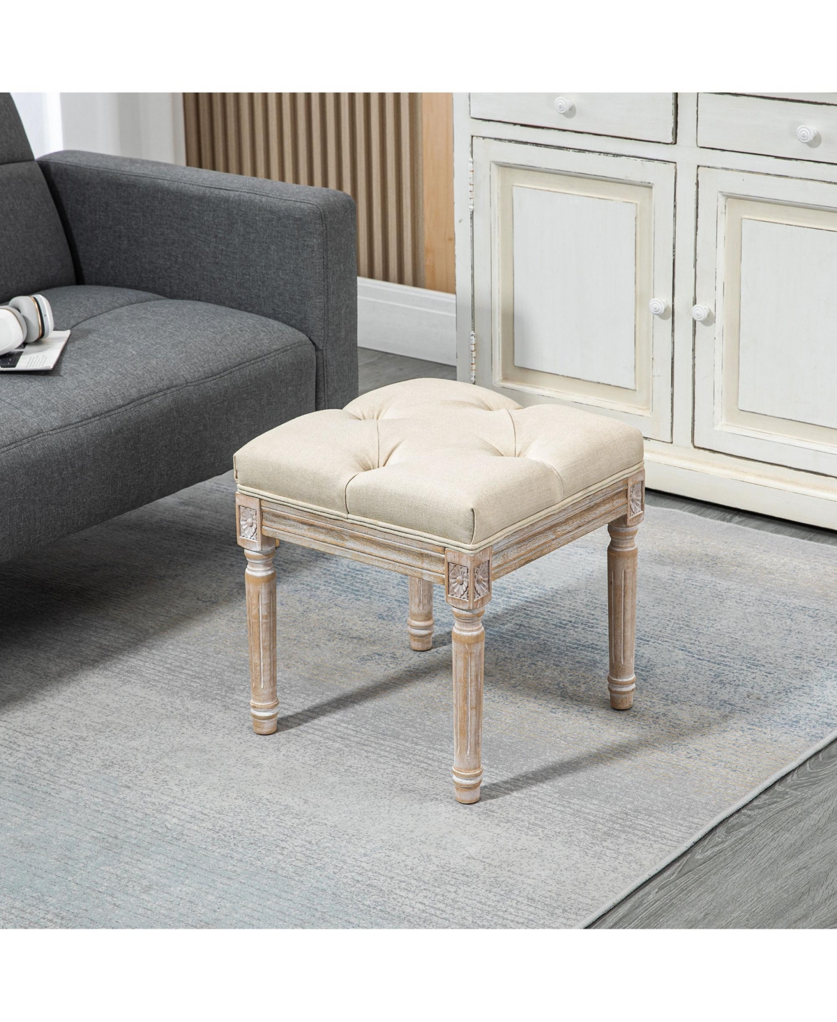 Homcom 15.75" Foot Stool Ottoman Bench Footrest w/ Button Tufted Seat, Beige